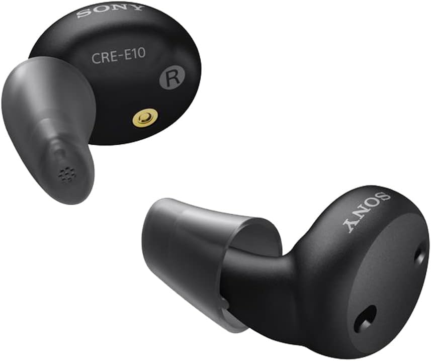 Sony CRE-E10 自装 OTC 助听器,用于中度听力损失, 处方音效质量, 舒适的耳机设计, 蓝牙 启用iOS, 和可充电电池, 黑色