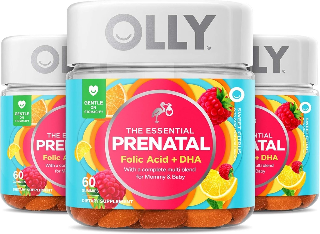 Olly 产前多维生素Gummy、Folic Acid、维生素D、Omega DHA、Chewable Supplement、60 Gummys Citrus 3 计数