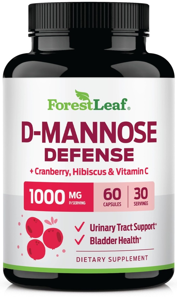 ForestLeaf D Mannose 1000mg Capsules - D-Mannose with Cranberry, Hibiscus & VIT C, 男女尿道切除术健康, UTI的有机DMannose药丸, 尿道健康与Bladder支持 60 Capsules