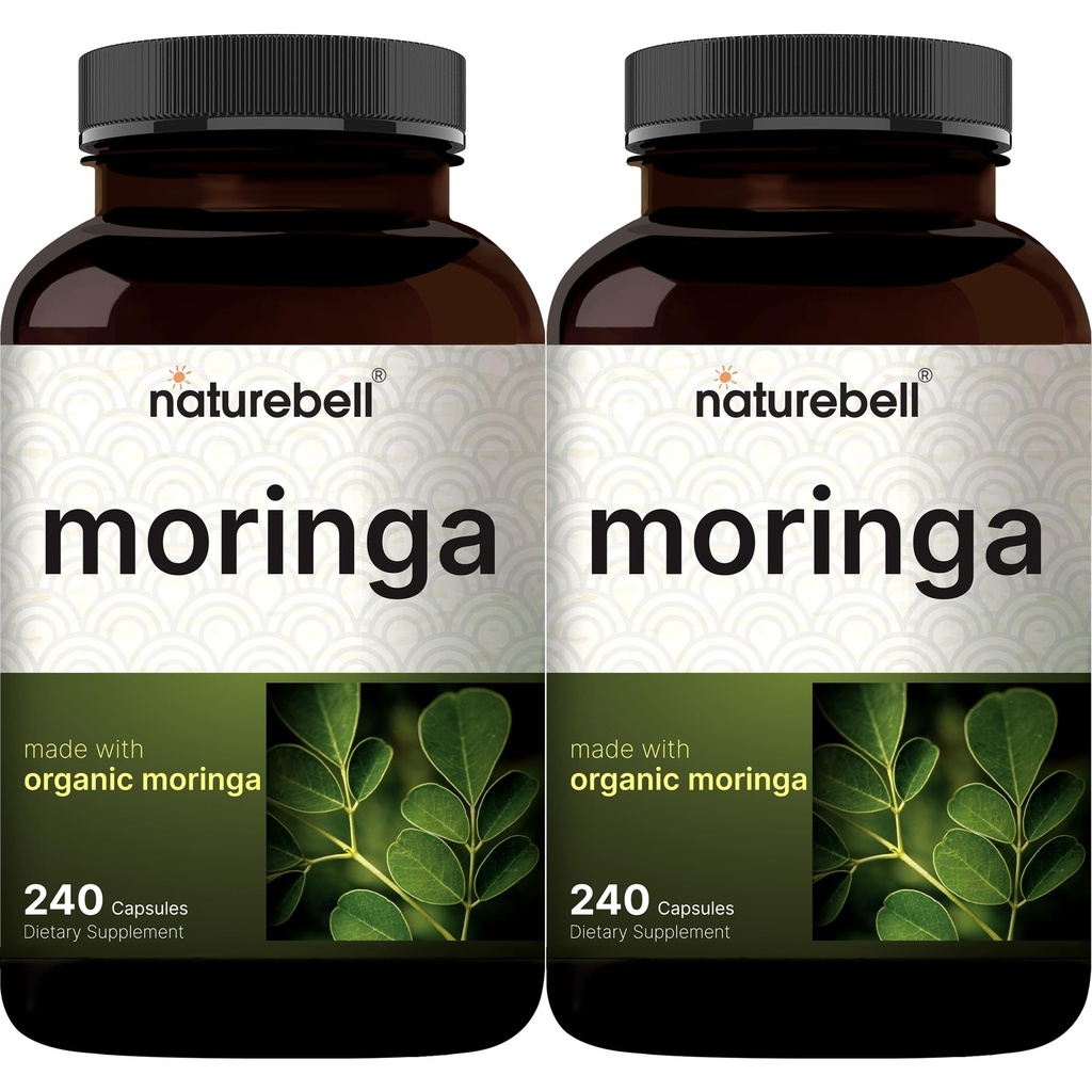 Nature Bell Pure Moringa Capsules 8,000mg Pervice (2 Pack) 使用莫林加粉剂有机制造,480 Capsules – Green Superfood, Skin Health, & Immune Support – 非GMO, Gluten Free, 8个月供应