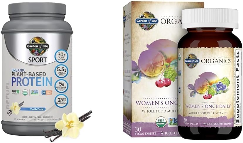 生命花园 有机维冈 运动蛋白粉 & Once Daily Women's Multi-Probiotics, BCAAs, 抗氧化剂, 30g 植物蛋白,维生素 A C D3 K B6 B12, 非 GMO