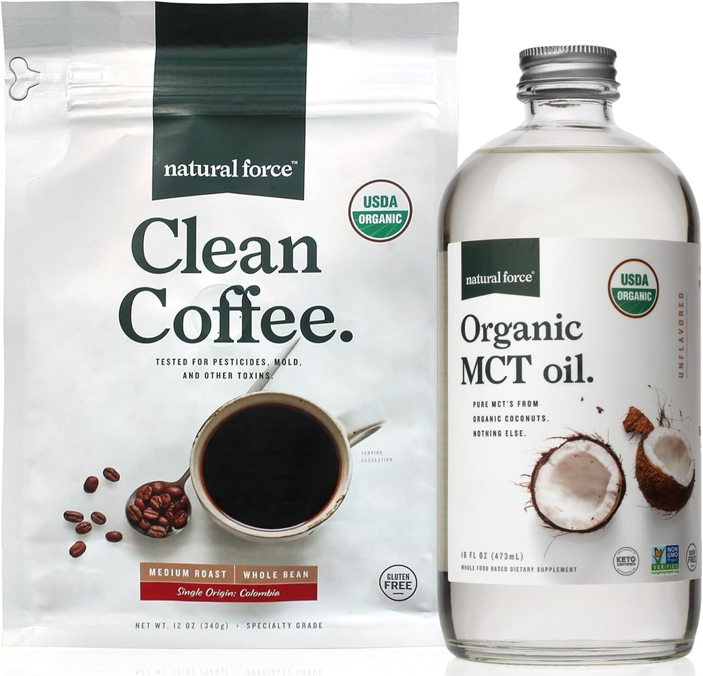 自然力量 有机清洁咖啡 + 有机MCT Oil Bundle — 100%纯椰子 MCTs & Mold & Mycotoxin Free Coffee — 非GMO, Keto, Paleo,和 Vegan — 12 Oz Bag和16 Oz Glass Bottle