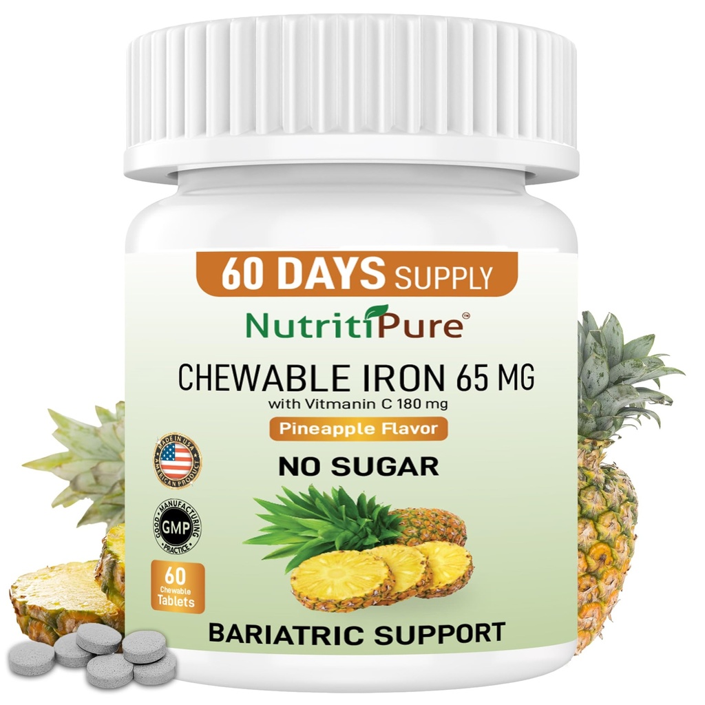 含维生素C180毫克(女性/男性)的可嚼铁碳酰65毫克-Pineapple Flavor 60 Count(1)