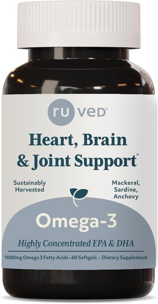 Ruved Omega-3 - Omega 3鱼油,每罐1000毫克,EPA & DHA 女性和男性的鱼油补充品,心脏,大脑,和联合支持 - 60 Softgel Capsules (1个计数)