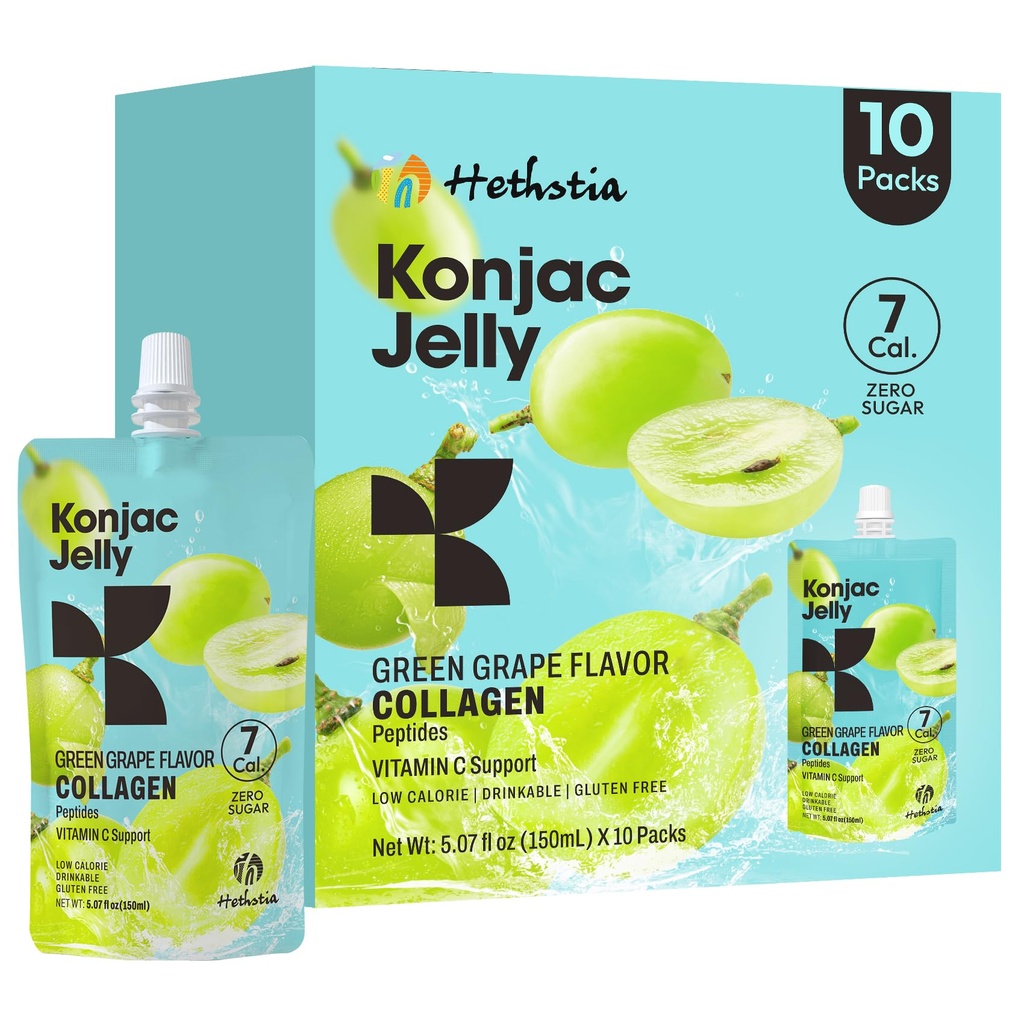 Hethstia Konjac Jelly Green Grape Flavor, 10个邮袋,可饮用的葡萄 Jelly 与Collagen Peptides, 7 Kcal, 无糖, Gluten Free, Keto, Vegan, On-The-Go Chewy Light Snacks (英语).