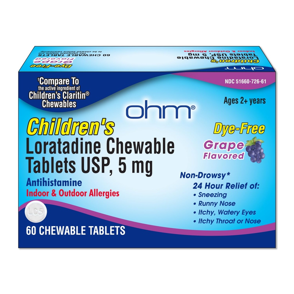 Ohm 儿童Loratadine Chewwants, Dye Free, Grape, Non Drowsy 24h 缓解喷嚏, Runny Nose, 痒水眼,喉咙或鼻塞, Antihistamine, 室内和室外过敏, 5mg, 60 片