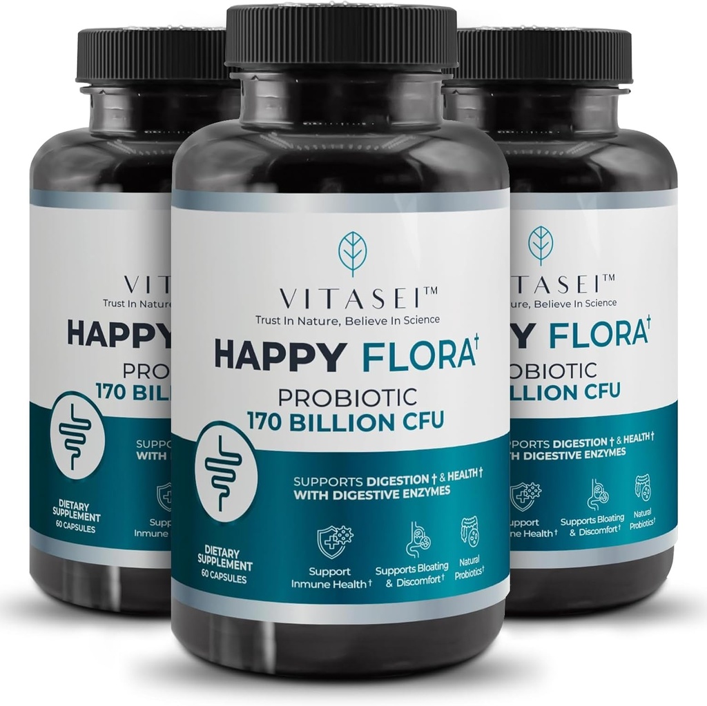 VITASEI Happy Flora, Probiotic Supplement 170亿 CMFU 健康脂肪健康,并配有消化酶,女性和男性辅生素,3瓶 - 180卡普尔