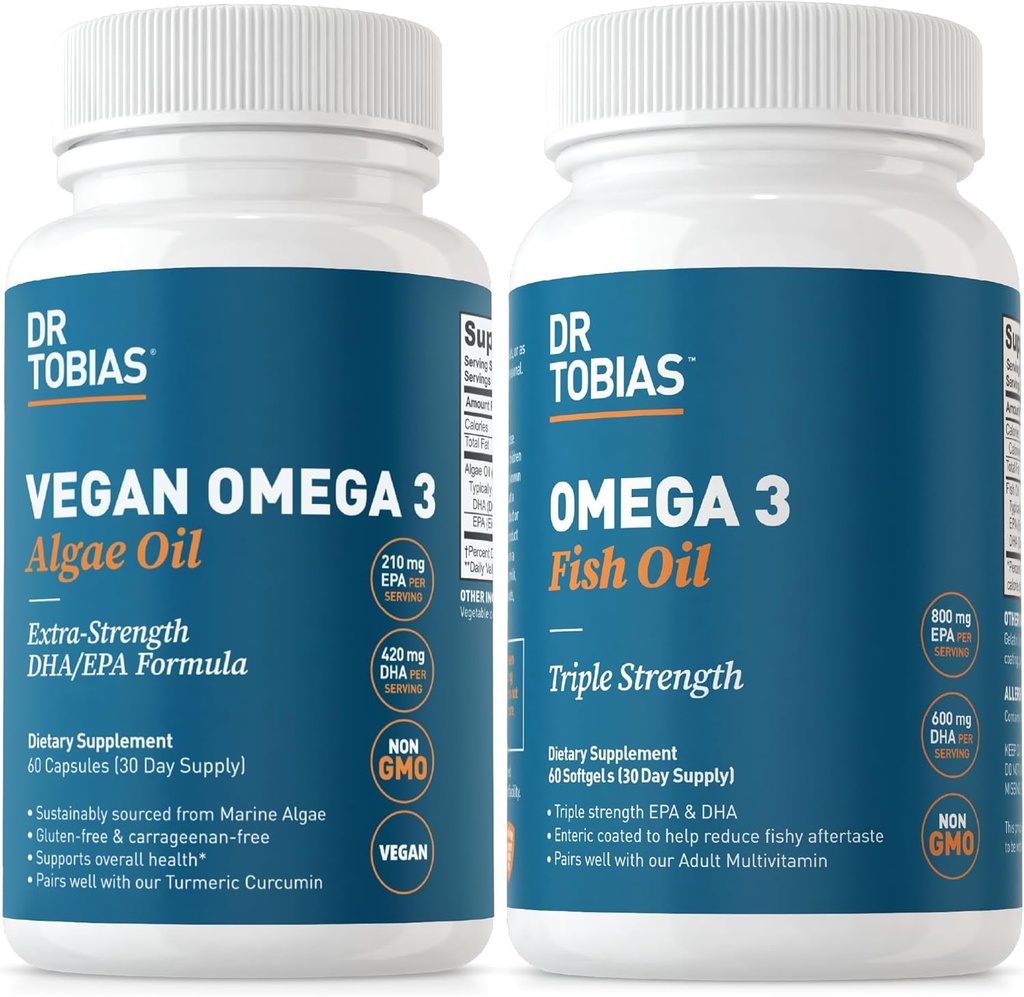 Tobias Vegan Omega博士 3 藻类油和Omega 3 鱼油,2 综合脂肪酸支持方案,非GMO