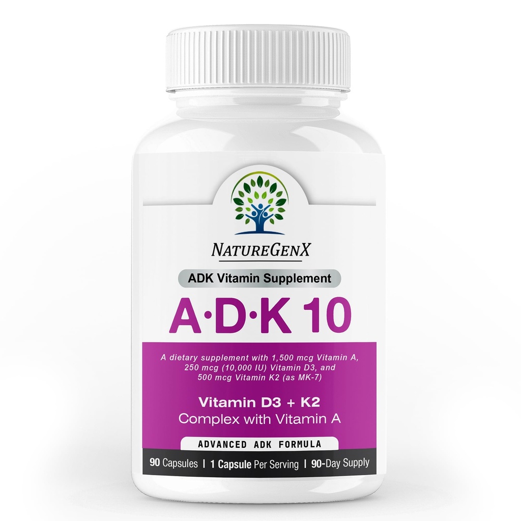 ADK 10 – ADK 维生素补充 → 高概率维生素 A, D3(10,000 IU) & K2 MK-7用于骨骼,心脏和免疫健康 → 90 Tiny Capsules → 3个月供应 → 非GMO, Gluten Free