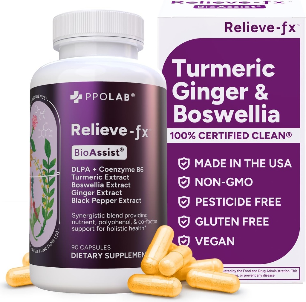 Relieve-fxTM Boswellia Turmeric and Ginger Supplement,压力救济,心脏,消化,肌肉硬化,联合,炎症健康,维生素B6 P5P,Boswellic酸,Curcumin with Black Pepper - 90cmt