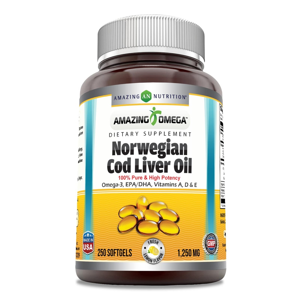神奇的奥米加挪威鳕鱼肝油 1250 Mg Softgels Supplement | Omega-3, EPA, DHA, 维生素A, 维生素D & 维生素E(橘子| 250 计数)