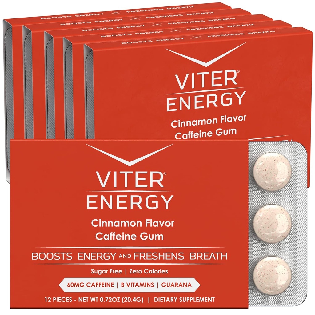 维特能源 咖啡因 Gum 60mg Cafeine, B 维生素,瓜拉纳,无糖。 (肉桂, 12pcs, 6 Pack)