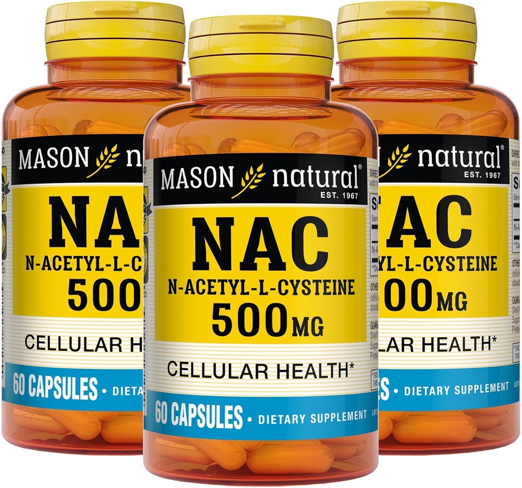 Mason Natura NAC N, Acetyl, L, Cysteine 500 mg, 6个月供应, 支持正常细胞健康, 免疫系统促进器, 一般健康, 3 Pack