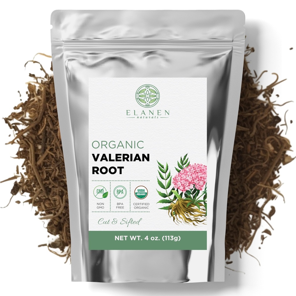 Elanen Naturals Organicals Valerian Root 4 oz. (113g),美国农业部认证的有机Valerian Root Herb 茶叶,Te De Valeriana Para Dormir,Valarian Officinalis 整体 Loose Leaf, Cut & Sifted