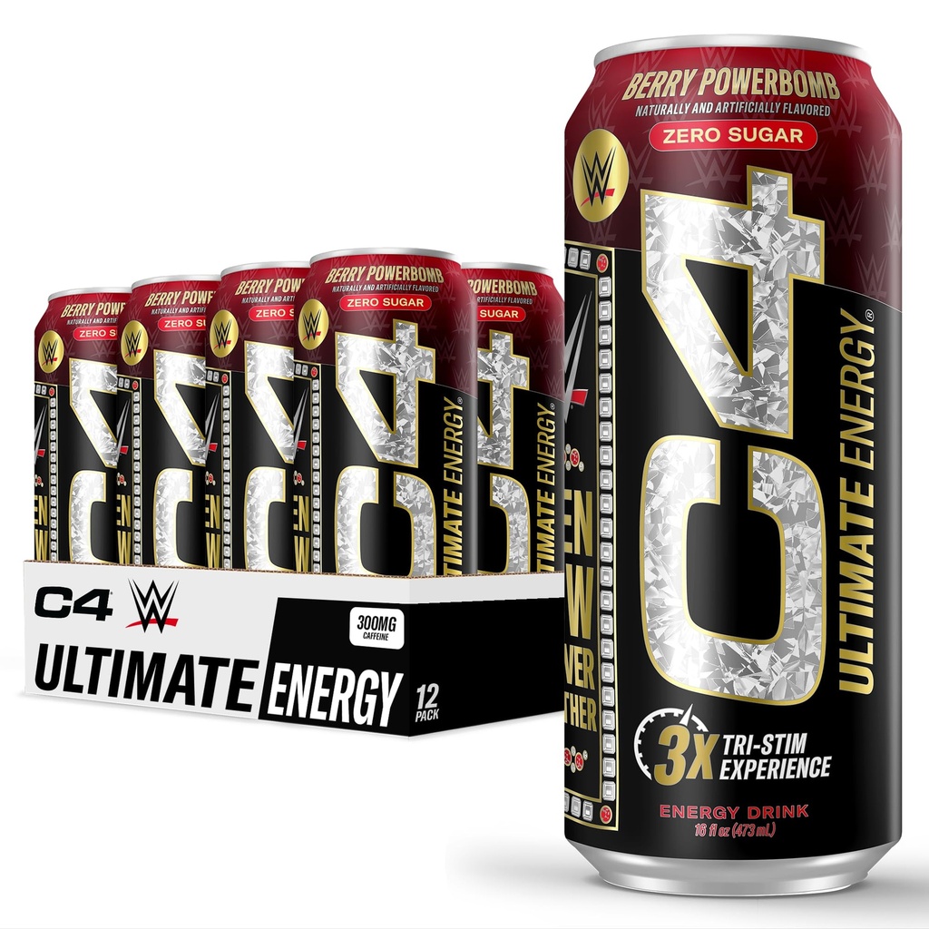 C4超音速XWWE 工作前无糖能源饮料 Tri-Stim 体验300mg Cafeine + TeaCrine + Dynamine + Berry Powerbomb → 16oz(12包)