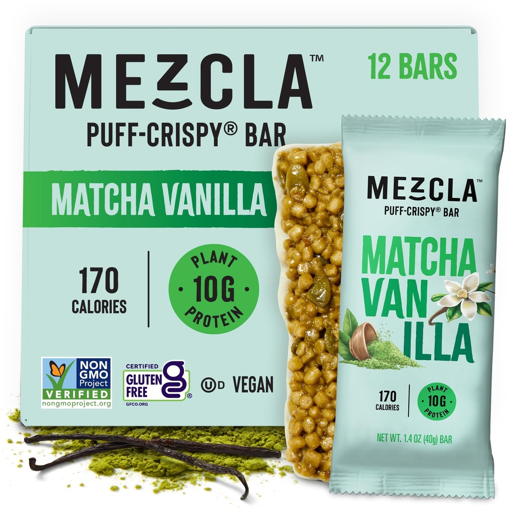 Mezcla Puff Crispy 蛋白条、Gluten Free & Vegan 蛋白条、10g 蛋白条、Alt for Crispy Rice treat, Granola Bars & 早餐条、成人健康小吃、Matcha Vanilla, 12 Pack