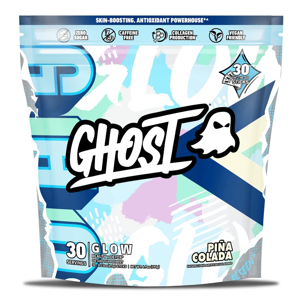 GHOST Glow Sticks:美与解毒补充品 - 30 On-The-Go Stick Packs, Pina Colada - Hyaluronic Acid, Biotin & L-Theanine for Skin-Boosting Support - 无糖,无胶