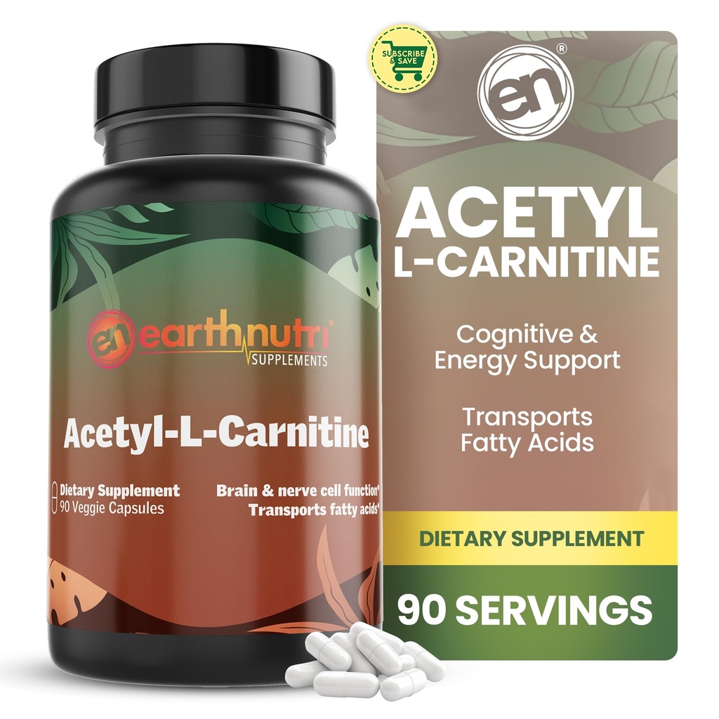 EarthNutri Acetyl-L-Carnitine Capsule – 添加自由,格鲁滕自由,无填充器,无防腐剂 – 乙酰L-Carnitine 补充剂帮助浓度和能量 – 500mg Perference, 不受欢迎的 90 Count