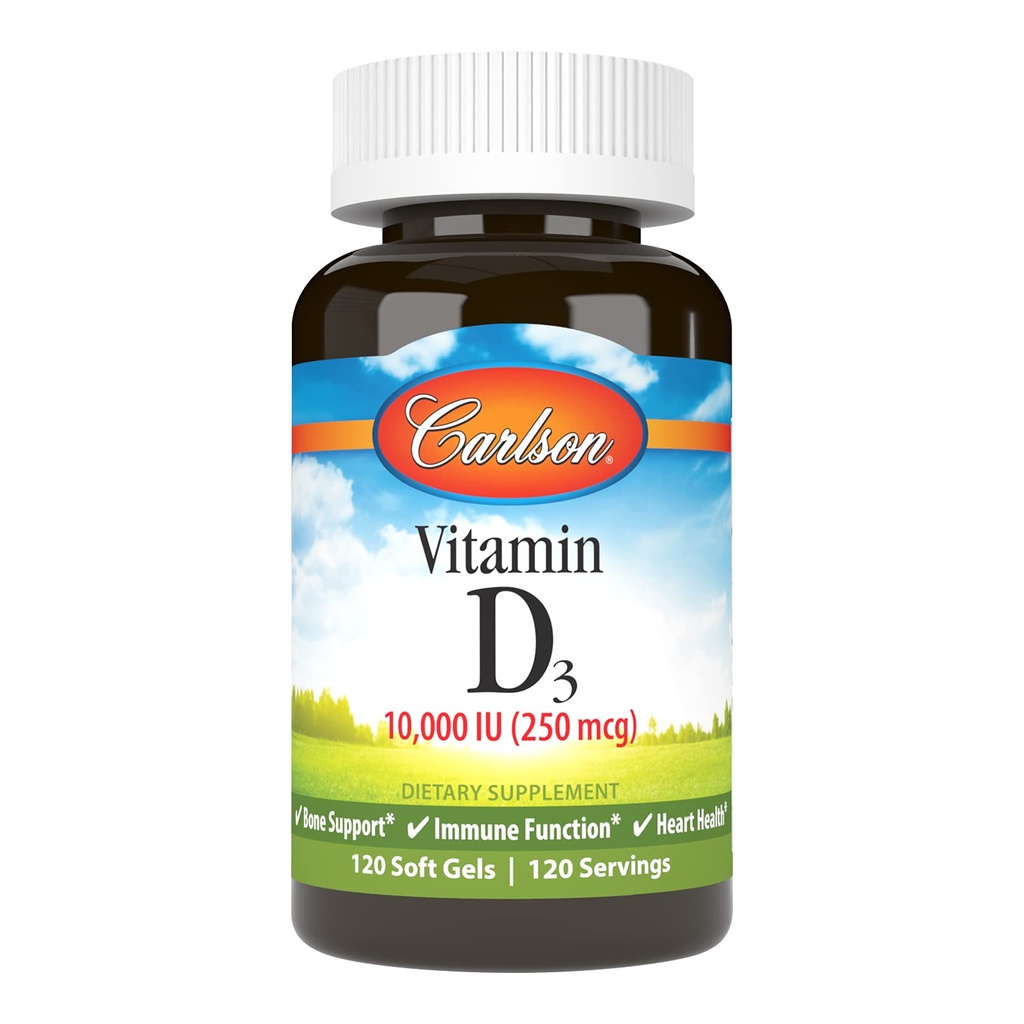 Carlson - 维生素D3, 10000 IU(250 mcg),维生素D补充,骨和免疫支持,维生素D3软胶,心脏健康,Gluten Free维生素D Capsules,120软胶