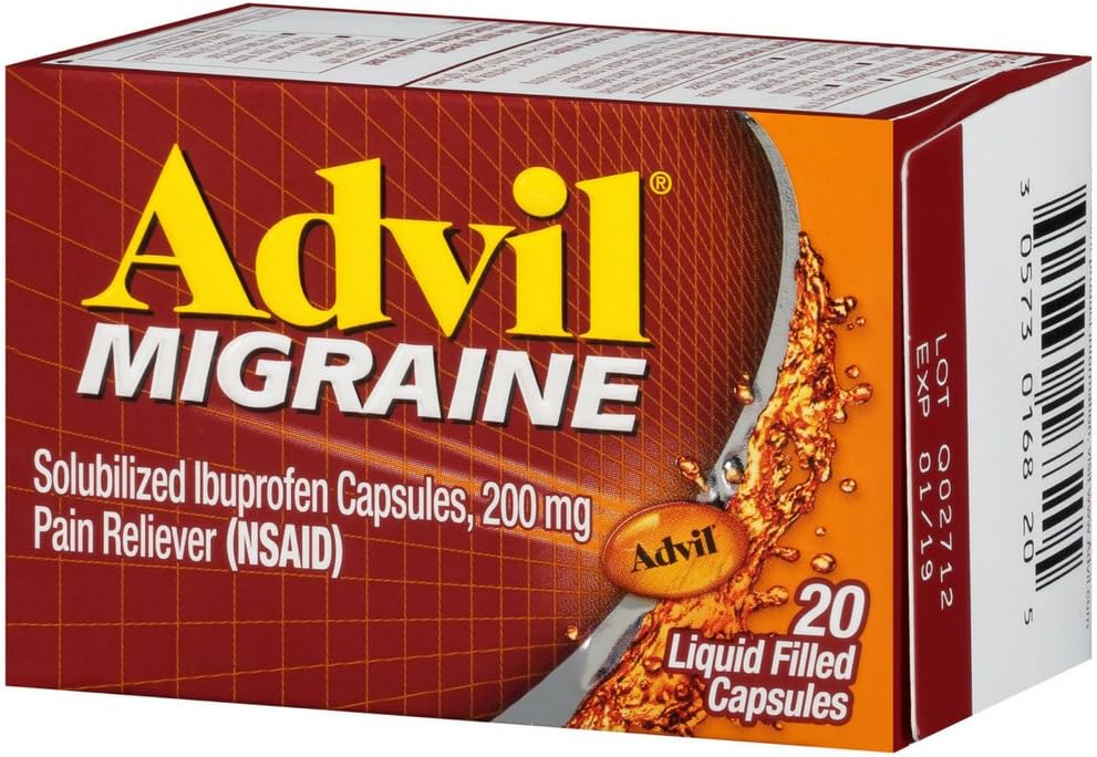 (原始内容存档于2018-09-21) (英语). Advil Migraine Pain Reliver, Solubilized Ibuprofen 200mg, 20 counter, 液态填充卡普勒斯, 强大的米格雷恩救济