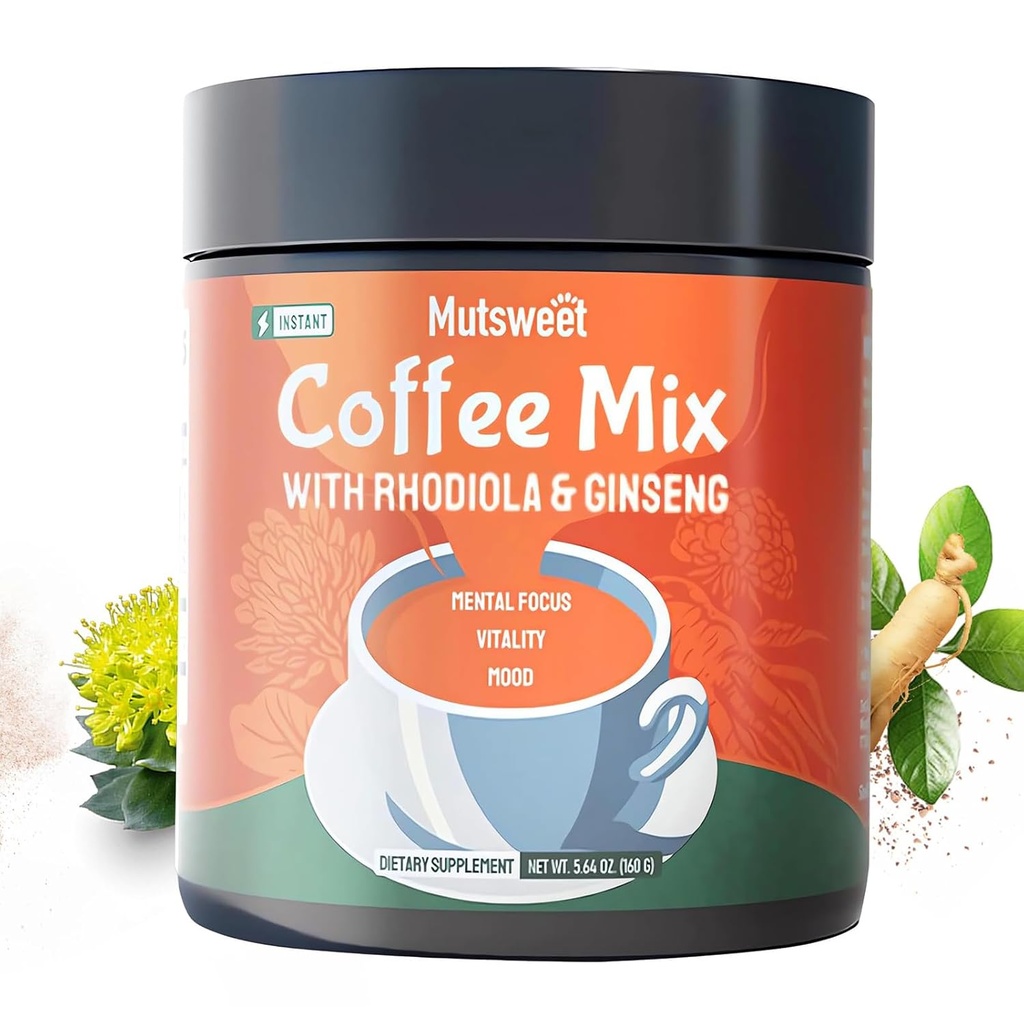 Mutsweet Rhodiola Rosea 即时咖啡混合物,配有Ginseng 补编,40种服务,咖啡替代粉,Ginseng 提取,地面咖啡支持能源,Mood,压力,Stamina
