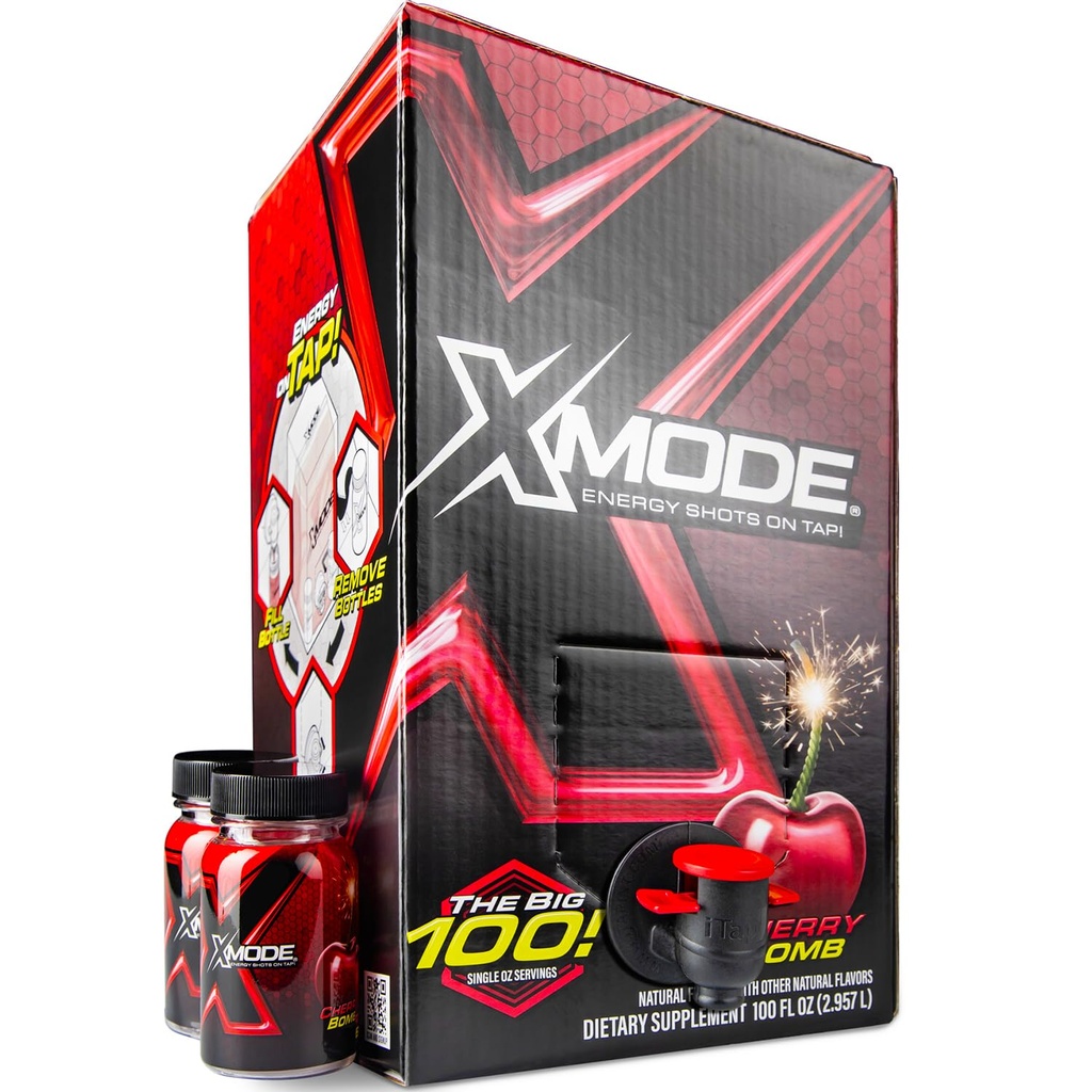 XMODE 超强能量射击 TAP 上 – Cherry bomb Flavor, 免糖, 每oz 150mg Cafeine, B12, 100 (1oz) 服务器, 2 个可再充装瓶的药剂师