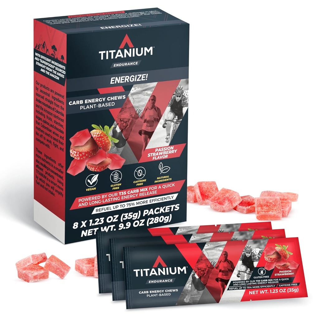 TITANIUM Energy Chews for running, Cycling - 以工厂为主的自然耐力能 Gummys to Re For Fuel - 能源补充 - 预研 Snack Bloks - 比能源宝石更快 - 无咖啡因 - 8 Conte