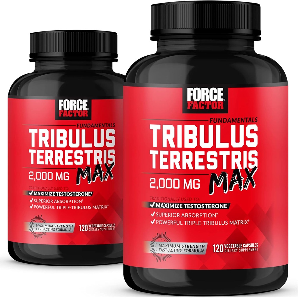 FORCE FACTOR Tribulus Terrestris Max for Men 2-Pack, Testosterone Buster, 雄性生命力补充剂,用关键天然成份高级吸收器制造, 2000mg, 240 Capsules, Red