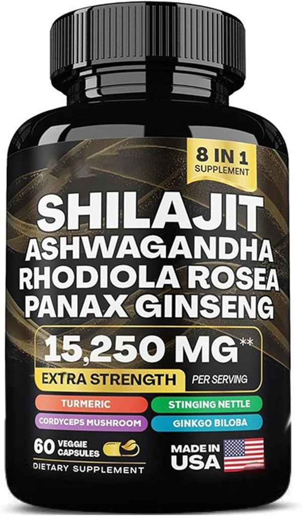 shilajit 9000 mg, Ashwagandha 2000 mg, Rhodiola Rosea 1000 mg, Panax Ginseng 1500 mg, cordyceps Mushroom 500 mg, Ginkgo Biloba 500 mg, Stinging Nettle 250 mg, Tumic 500 mg.