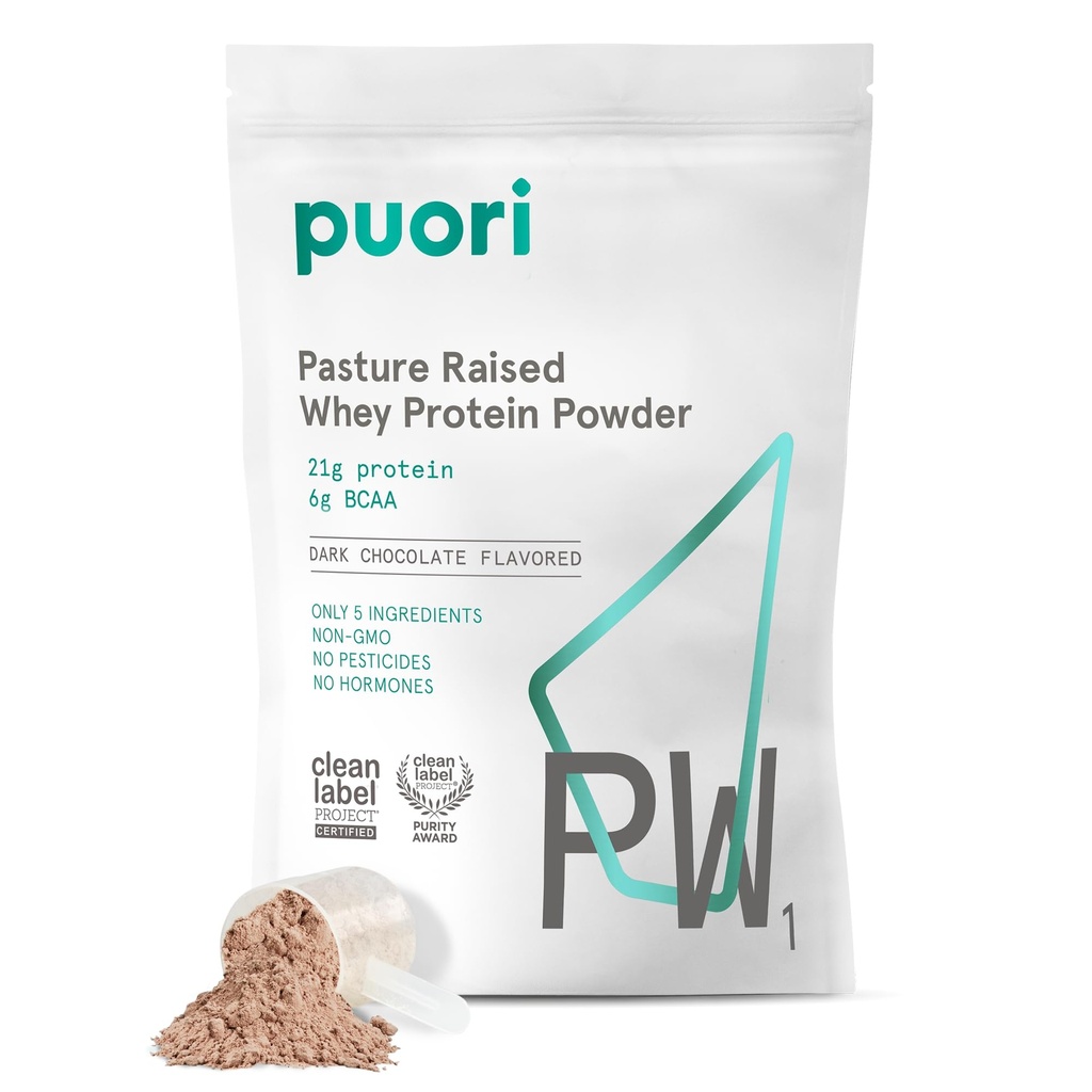 Puori Whey蛋白粉, 暗巧克力 - PW1 Pasture-Raized, Grass-Fed 蛋白质蛋白饮料 含有 BCA 氨基酸的混合剂 - 肌肉增益和恢复的劳动后补充剂 - 30种服务
