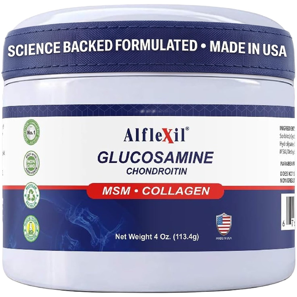 ALFA VITAMINS Alflexil Glucosamine Plus Chondroitin Cream 配有MSM & Collagen,支持健康关节,联合和肌肉疼痛缓解,改善流动性,快速吸收,以及摩斯皮,4 Oz.