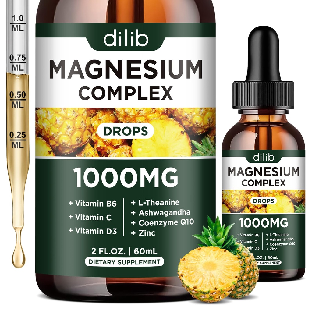 三聚镁复合物补充剂,甘油镁,Blend, Citrate Liquid Drops 1000mg 与 Ashwagandha, CoQ10,维生素B6, C, D, Zinc - Vegan Pineapple Flavor