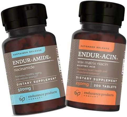 耐久性产品EPC公司 NAD+Niacinamide B3, Endur-Amide 500mg 200 片和 ENDUR-ACIN 250mg Niacin - 优化吸收和低氟化维生素B-3,200 片的扩展释放