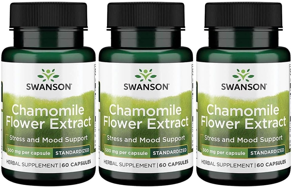 Swanson Chamomile Flower 抽取500毫克 标准到1.2% Apigenin 6 mg/ Capsule 60 Capsules 3 Pack