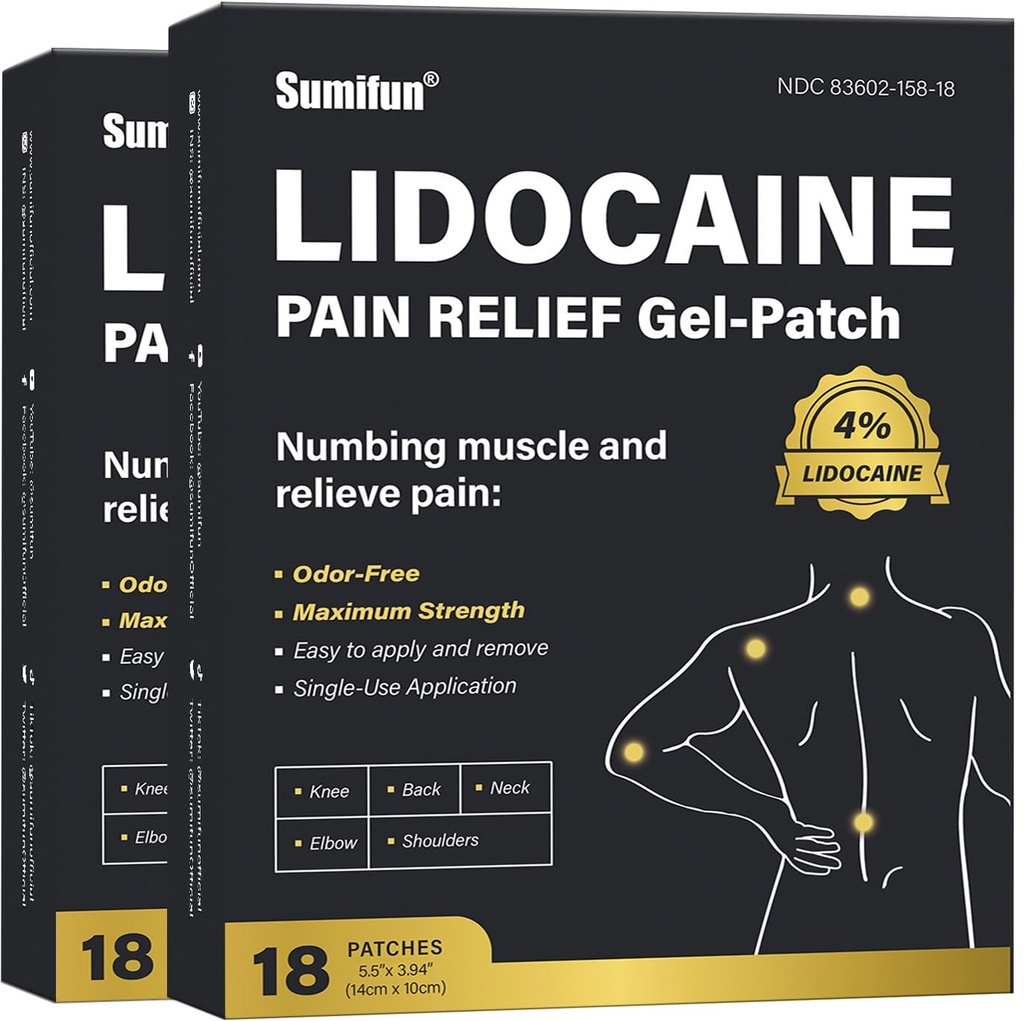 苏米丰4% Lidocaine 疼痛救济补丁 - 36个补丁用于背部,肩部,肌肉,关节,膝盖疼痛救济 - 背部疼痛救济产品 - 疼痛补丁 最大强度 Lidocaine