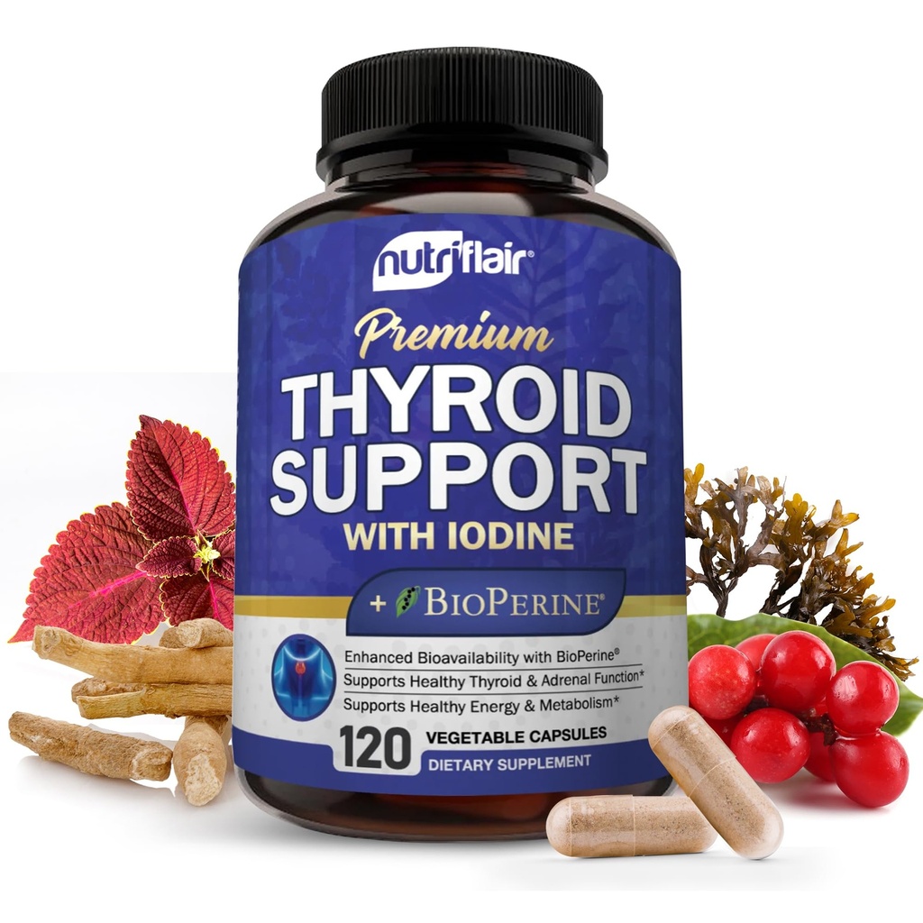NutriFlair 甲状腺辅助复合体,120 Capsules - 配碘,黑椒,Ashwagandha,维生素B12 - 男女甲状腺补充剂