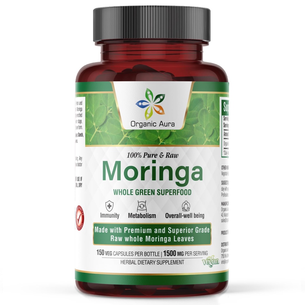 Aura Moringa Leaf Capsules 1500mg - 150 HPMC Veg - 全叶绿色超级食物营养 – 天然靴子代谢 能源 健康 和 Stamina 100%纯安全 莫林加 – Non GMO.