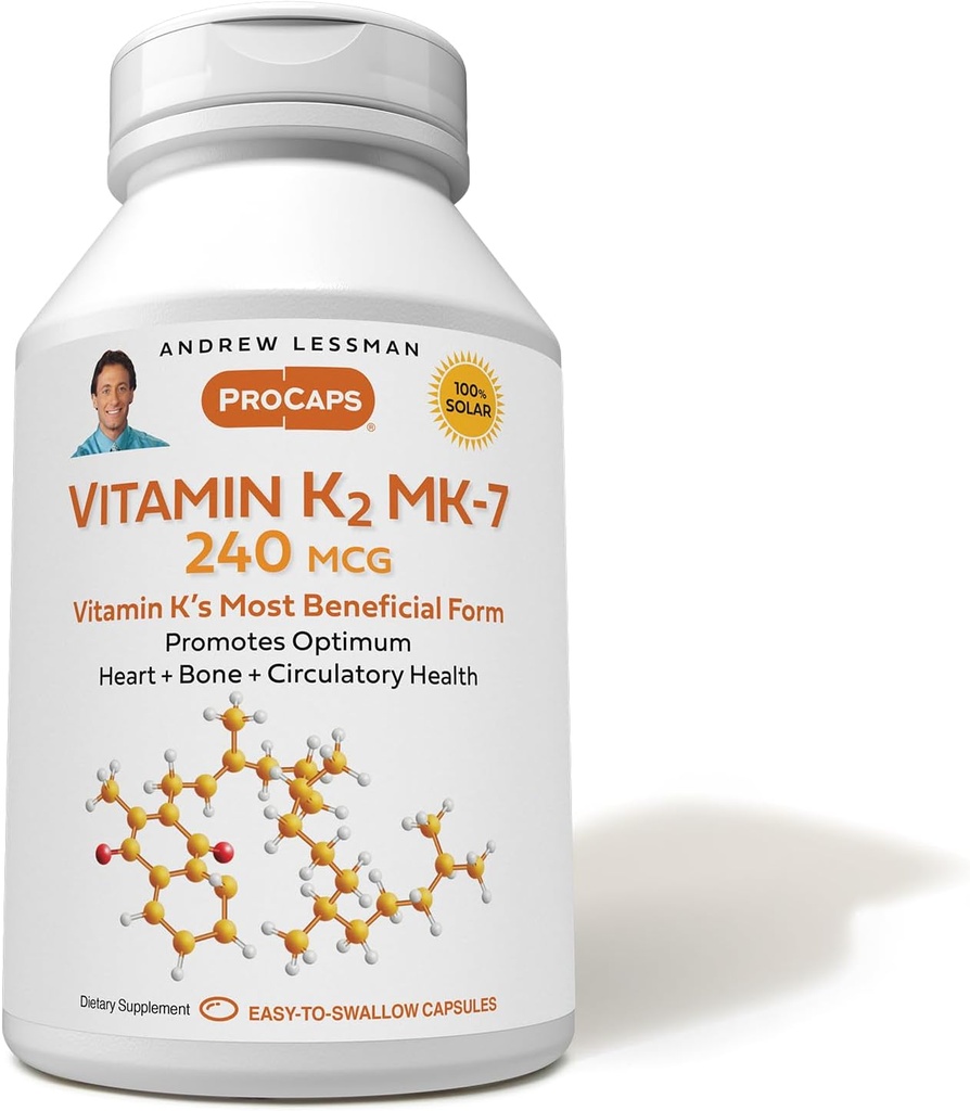 Andrew Lessman维生素K2 MK7 240 mcg 60 Softgels - 对健康钙利用至关重要,促进优化骨骼、心脏和动脉健康。 没有附加物。 小容易吞软胶