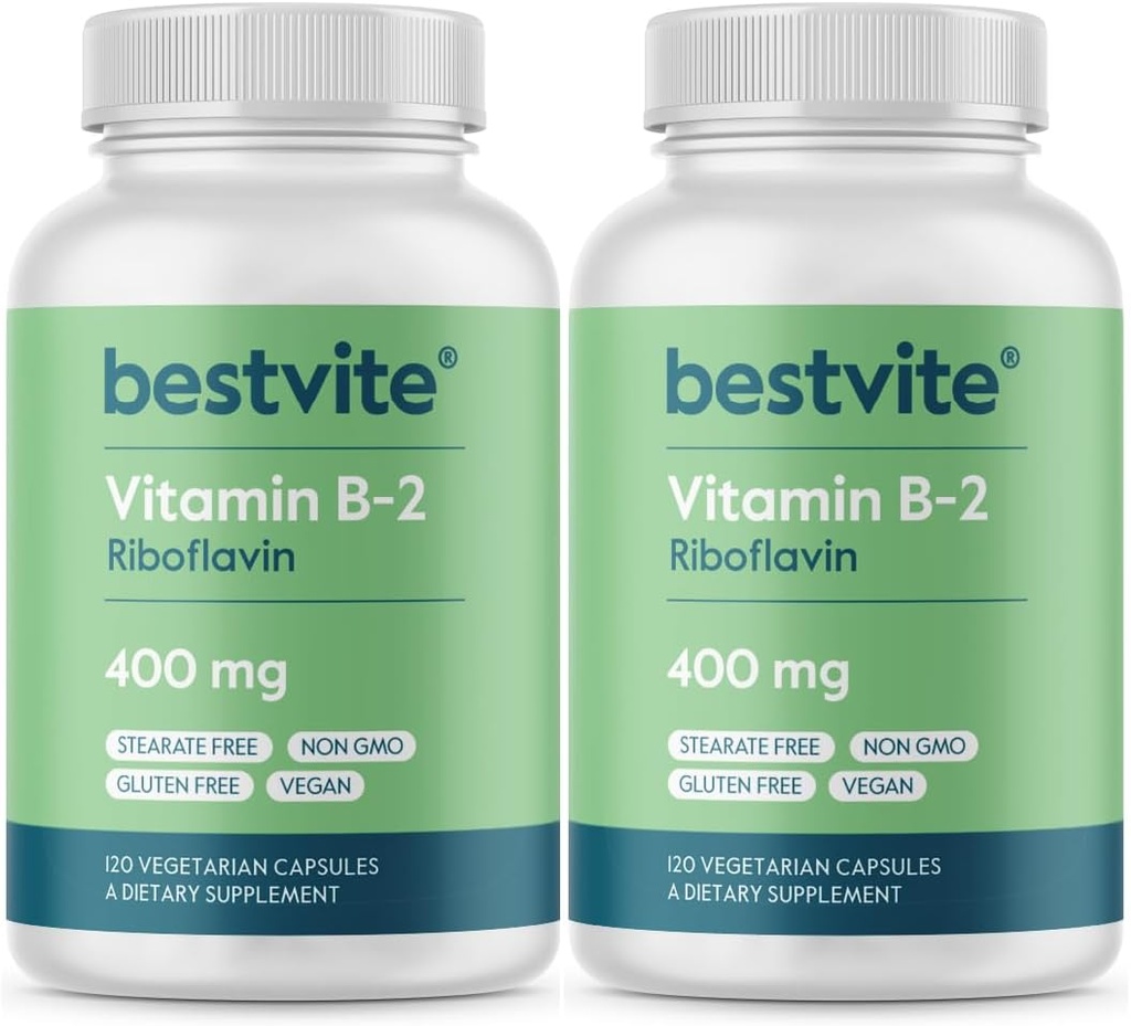 BESTVITE 维生素B-2(Riboflavin) 400mg(240个植物瓶) (120 x2) - 无刺 - Vegan - 非转基因 - Gluten Free