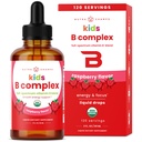 儿童维生素B复合体,B1,B2,B3,B6,B7,B9 & Methy B12,儿童复合液滴补充剂,能源,焦点,代谢,自然莓,120服务,4个月供应