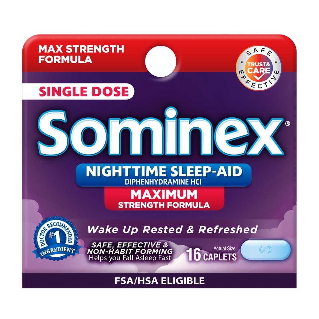Sominex 夜间睡眠援助片, 最大强度公式, 单剂量, 类型, 16 个计数