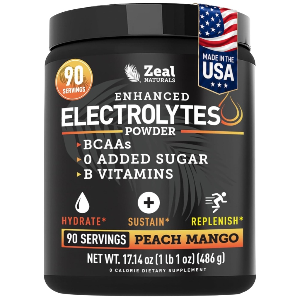 Zeal Naturals 电解石粉回收饮料(90 services QQ桃芒果) w 0 糖 + BCAAs + B-维生素 电解液补充 w 钾 锌和镁 水解 - Keto 电解液