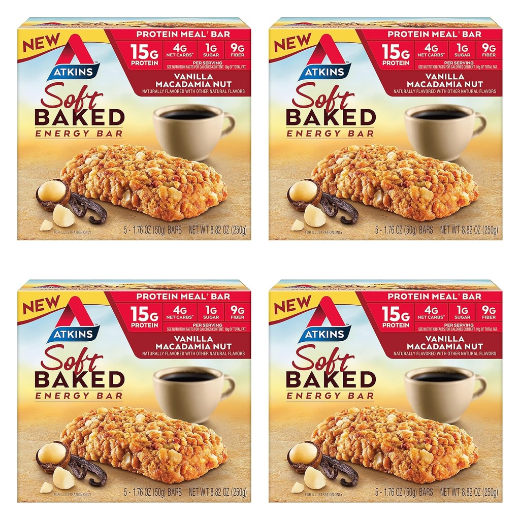 Atkins Vanilla Macadamia Nut Flat Flavored Soft Baked Energy Bars, 高产蛋白质,低糖,高纤维ack,蛋白质ack,4包(每包4巴)