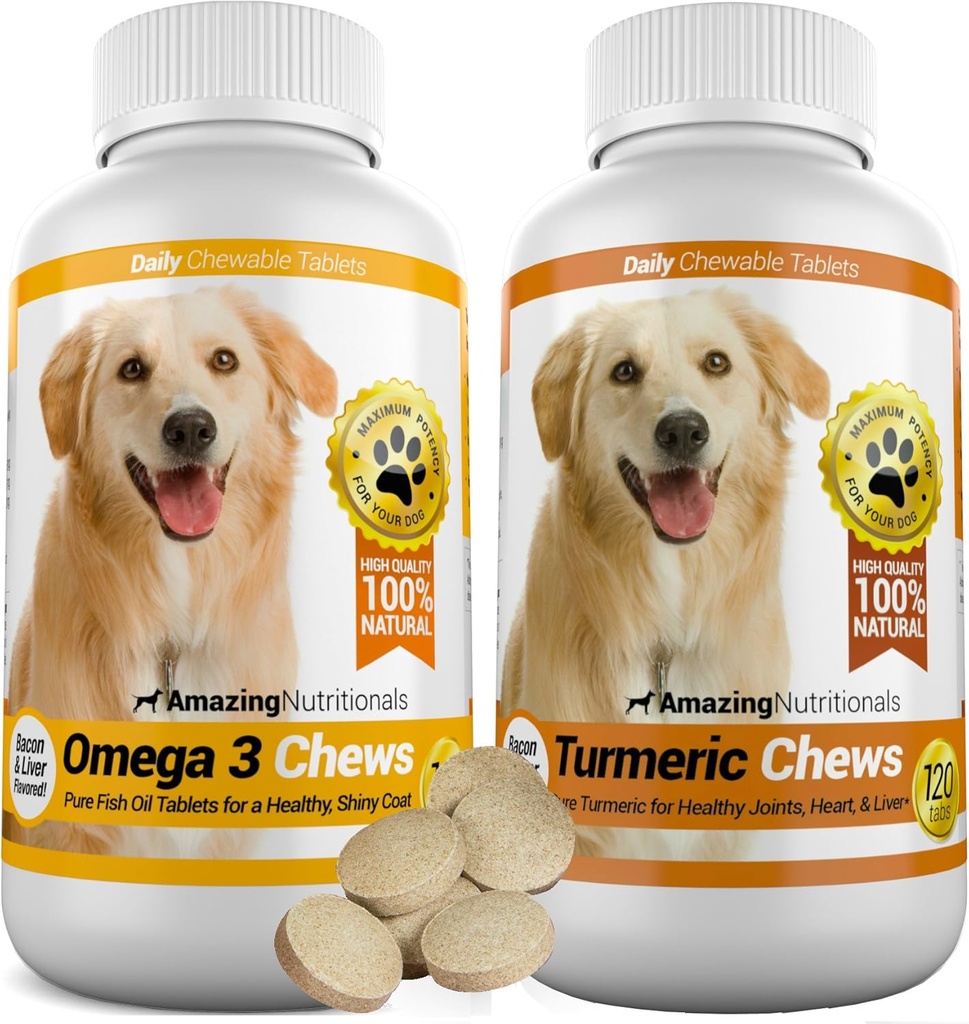 神奇的Combo Omega-3 鱼油和小狗的涡轮曲霉素 - 纯全天然的宠物抗氧化剂 - 推广亮皮大衣,脑健康,消除联合疼痛,120 口味 Chews x 2