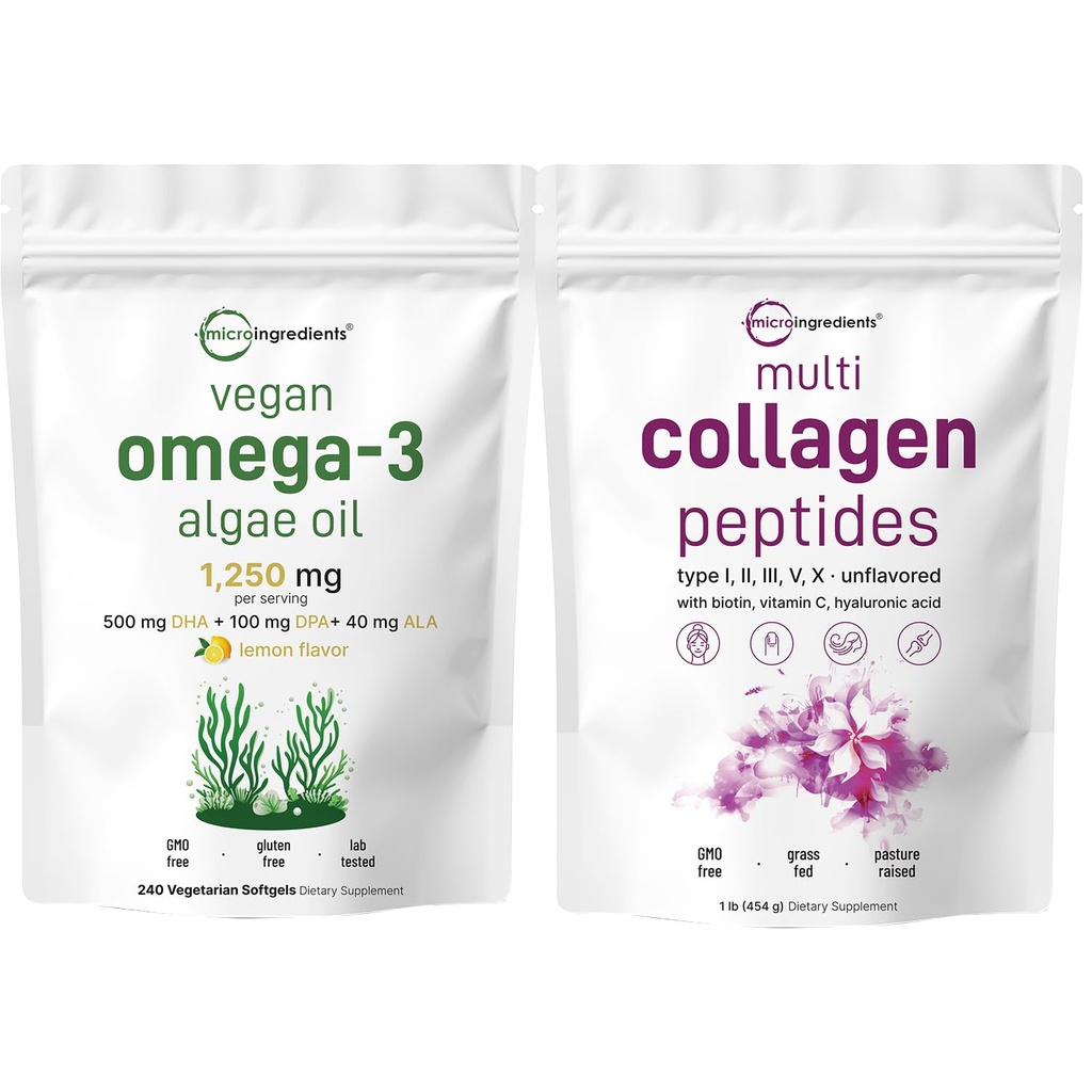 微成份 多科拉根蛋白质 16oz & Vegan Omega 3 Algae Oil Supple Bundle 2 Pack |草-Fed Collagen Peptides | Omega-3 鱼油全谱替代物