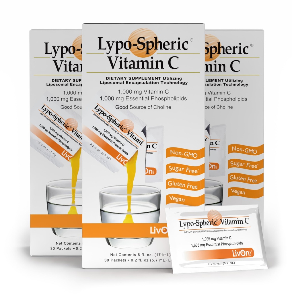 Livon实验室 Lypo – 球状维生素C – 3个卡顿(90个包) – 1000 mg 维生素C & 1 000 mg 基本磷脂 – Per Packet – Liposome 封装用于改进吸收 – 100% 非 – GMO