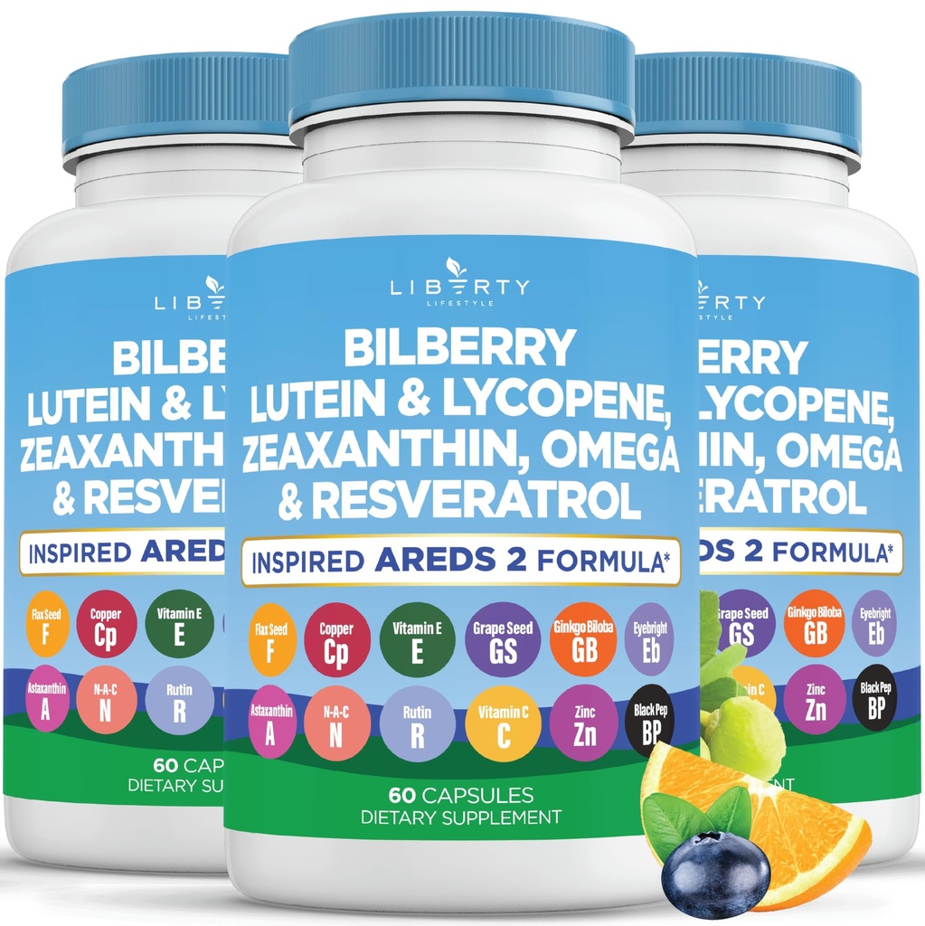 配有Bilberry、Lutein & Zeaxanthin、Lycopene、Resveratrol、葡萄种子提取法拉士种子Astaxanthin-AREDS 2-180 Capsules的眼部健康维生素