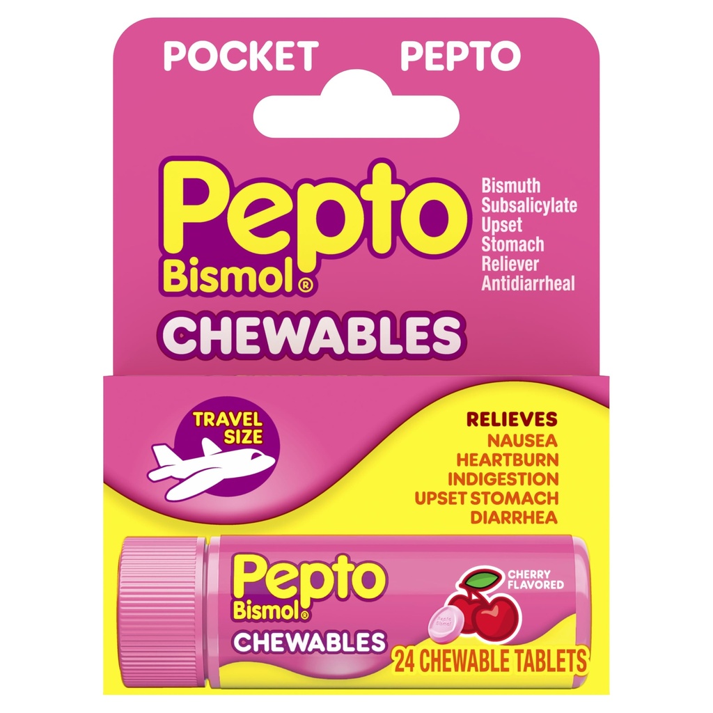 Pepto Bismol Pocket Chewable 片,用于Nausea, Heartburn, 消化不良, Upset Stomach, 和腹泻 - 5症状快速救助, Cherry Flavor 24 cm