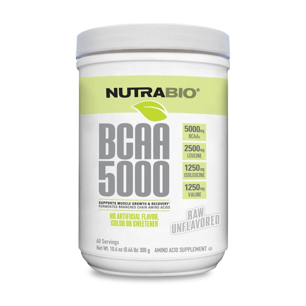 NutraBio BCAA 5000 粉末 - 为肌肉生长和复苏而发酵的分枝链氨酸 - 天然火焰、甜甜剂和色素,Vegan,Gluten Free - 不受味,60种服务