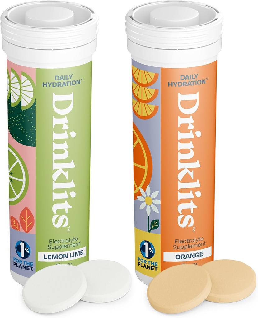 Drinklits Lemon-Lime & Orange电解片(2) Tube Bundle → Citrus Daily 水分 Combo Pack → 美味天然火焰 – 0g 糖 – 日常使用 → 20 服务 – 10 片 Per Tube